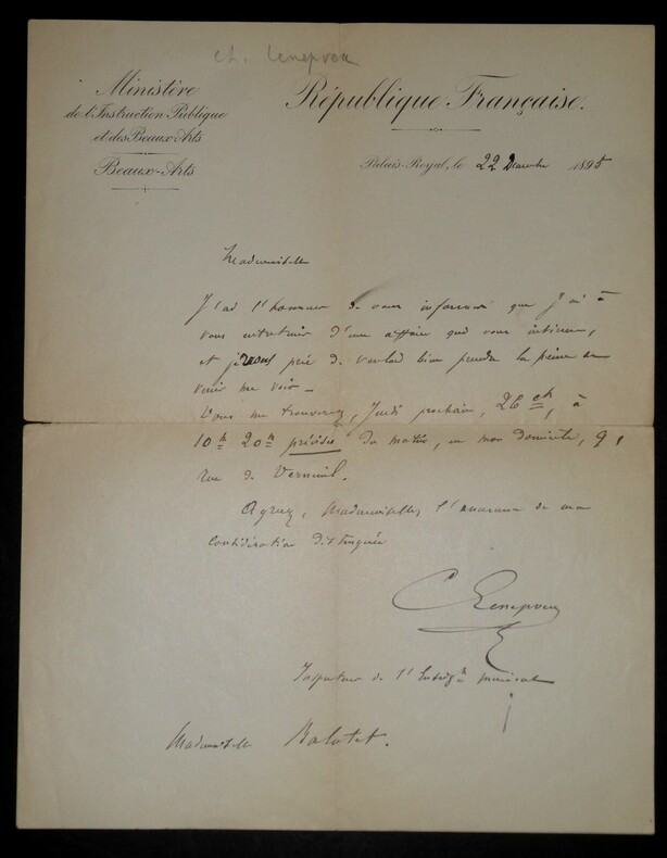 LENEPVEU Charles - LETTRE AUTOGRAPHE SIGN&Eacute;E INSTRUCTION PUBLIQUE BEAUX ARTS, 1895. Charles Lenepveu