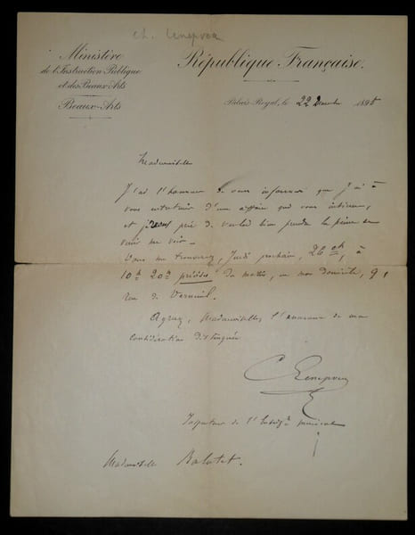 LENEPVEU Charles - LETTRE AUTOGRAPHE SIGN&Eacute;E INSTRUCTION PUBLIQUE BEAUX ARTS, 1895. Charles Lenepveu
