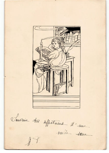 Dessin &agrave; l'encre, 2 enfants (angelots ?) dans une biblioth&egrave;que ann&eacute;es 1910/30. 