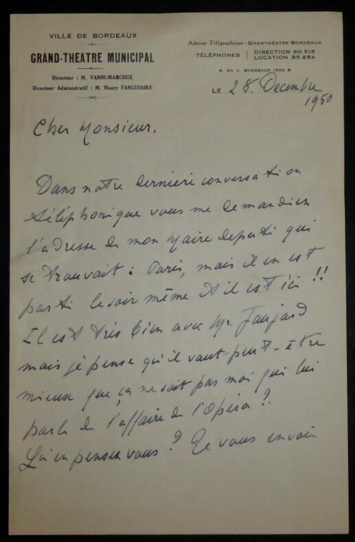 MARCOUX Giovanni LETTRE AUTOGRAPHE SIGN&Eacute;E, GRAND TH&Eacute;&Acirc;TRE MUNICIPAL BORDEAUX 1950. Giovanni Vanni MARCOUX
