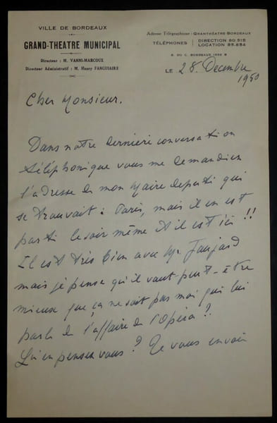 MARCOUX Giovanni LETTRE AUTOGRAPHE SIGN&Eacute;E, GRAND TH&Eacute;&Acirc;TRE MUNICIPAL BORDEAUX 1950. Giovanni Vanni MARCOUX