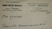 MARCOUX Giovanni LETTRE AUTOGRAPHE SIGN&Eacute;E, GRAND TH&Eacute;&Acirc;TRE MUNICIPAL BORDEAUX 1950. Giovanni Vanni MARCOUX