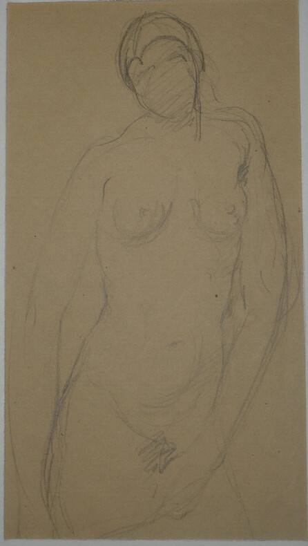 Georges CHESNEAU - NU ACAD&Eacute;MIQUE - Dessin au crayon - Femme de face - Curiosa. Georges Chesneau