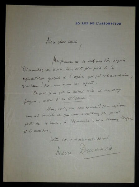 LETTRE AUTOGRAPHE SIGN&Eacute;E, OP&Eacute;RA. Henri Duvernois