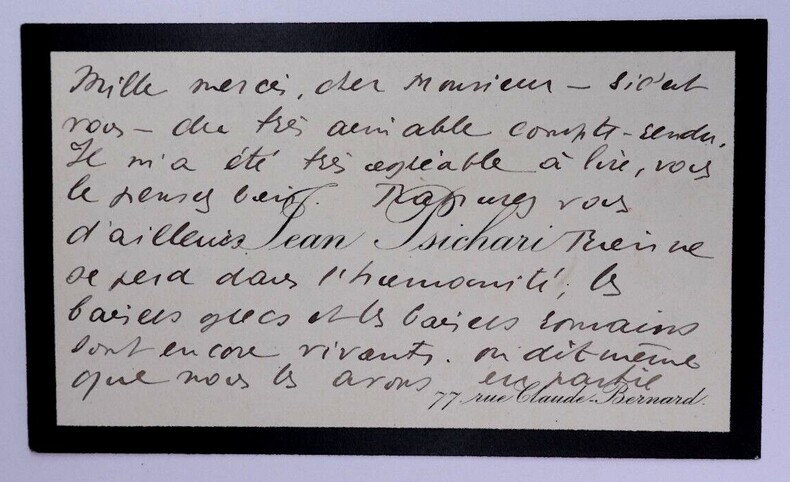 Carte de visite autographe sign&eacute;e de Jean PSICHARI avec liser&eacute; de deuil. Jean PSICHARI
