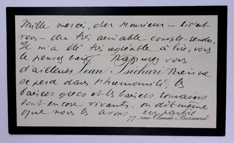 Carte de visite autographe sign&eacute;e de Jean PSICHARI avec liser&eacute; de deuil. Jean PSICHARI