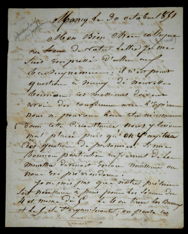 FIERCINES, repr&eacute;sentant du peuple - LETTRE AUTOGRAPHE SIGN&Eacute;E, Nancy, 1851. Fiercines
