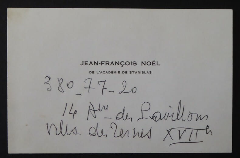 Carte de visite simple, Acad&eacute;mie de Stanislas, Paris. Jean-Fran&ccedil;ois No&euml;l