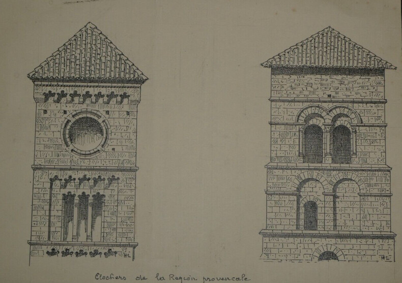 Dessin original sign&eacute; - Clocher de Puisalicon et Saint-Pierre &agrave; Gruas. Louis Henri Laffill&eacute;e
