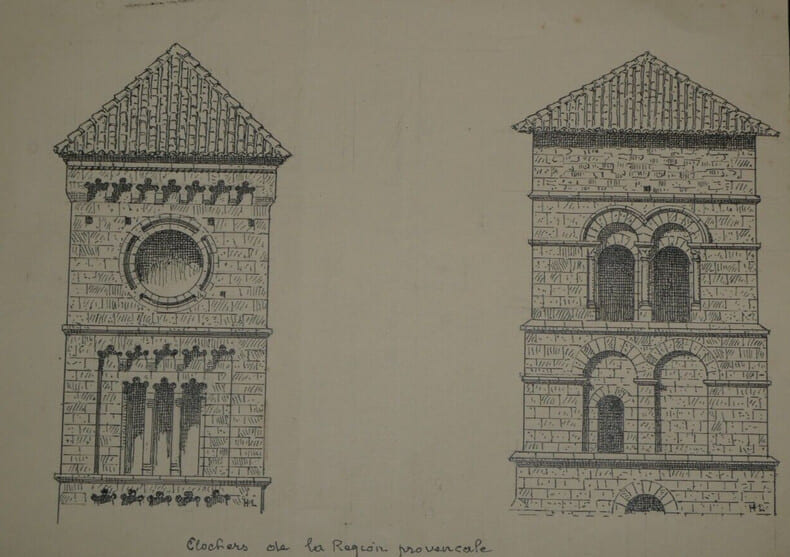 Dessin original sign&eacute; - Clocher de Puisalicon et Saint-Pierre &agrave; Gruas. Louis Henri Laffill&eacute;e
