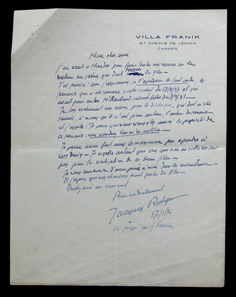 Jacques RICHEPIN - LETTRE AUTOGRAPHE SIGN&Eacute;E, Cannes, 1934. Jacques Richepin