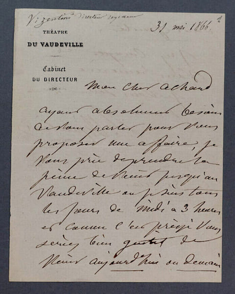 Albert VIZENTINI, Violoniste - LETTRE AUTOGRAPHE SIGN&Eacute;E, 1866. Albert VIZENTINI