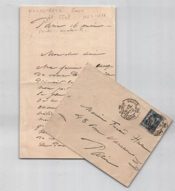 Louis Morel-Retz, dit Stop - Lettre autographe sign&eacute;e adress&eacute;e &agrave; Fernand Hue. Louis Morel-Retz, dit Stop