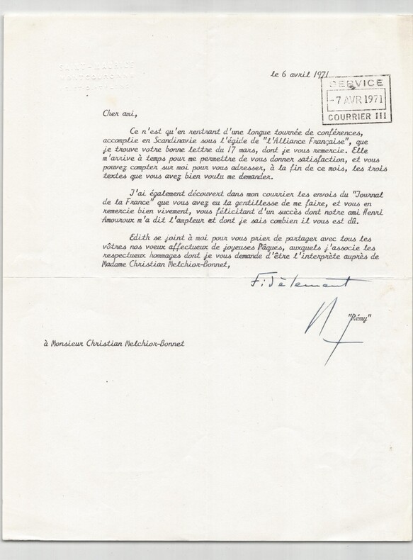 Colonel Remy - Lettre dactylographi&eacute;e sign&eacute;e &agrave; Mr Melchior Bonnet - 1971. Colonel Remy