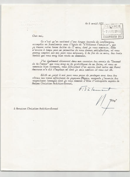 Colonel Remy - Lettre dactylographi&eacute;e sign&eacute;e &agrave; Mr Melchior Bonnet - 1971. Colonel Remy