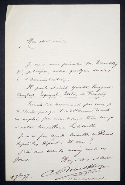 Tony ROBERT-FLEURY - LETTRE AUTOGRAPHE SIGN&Eacute;E, PR&Eacute;SENTATION DE Mr TREMBLAY 1877. Tony ROBERT-FLEURY