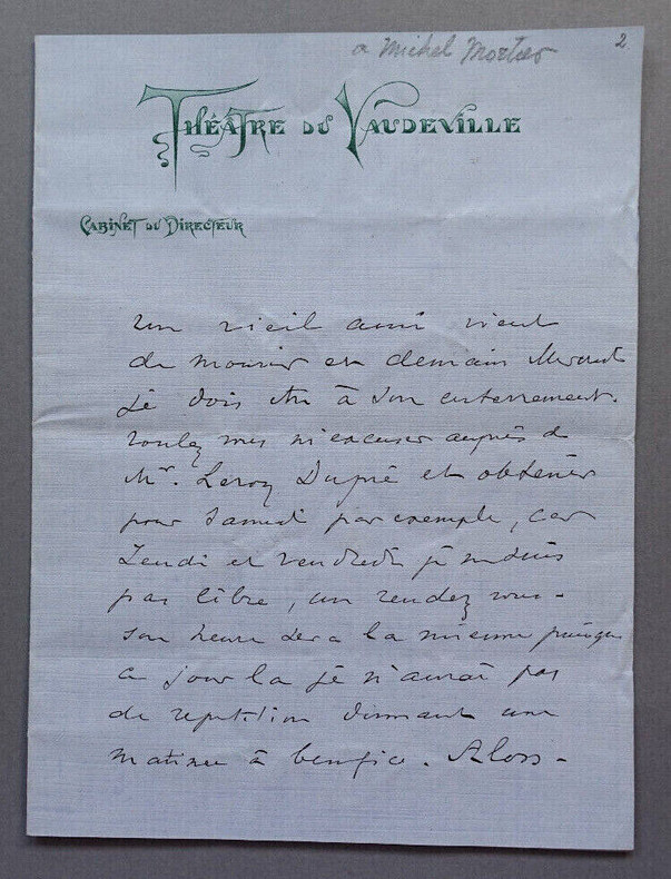 Paul POREL, Acteur et directeur de th&eacute;&acirc;tre - LETTRE AUTOGRAPHE SIGN&Eacute;E. Paul POREL