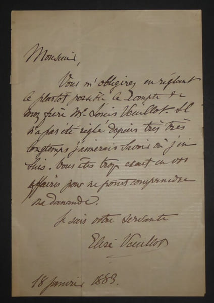 VEUILLOT Elise - LETTRE AUTOGRAPHE SIGNEE, 1883. Elise Veuillot