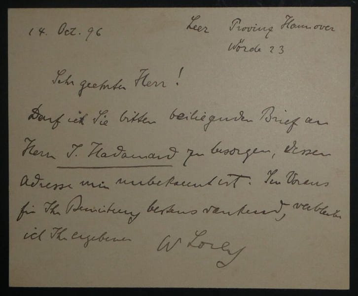 Maurice L&Eacute;VY, Ing&eacute;nieur - CARTE AUTOGRAPHE SIGN&Eacute;E EN ALLEMAND, 1896. Maurice L&Eacute;VY