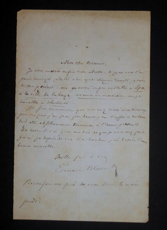 BLUM Ernest - LETTRE AUTOGRAPHE SIGN&Eacute;E. Ernest Blum
