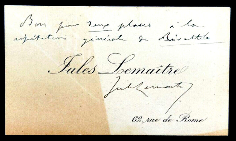 Jules LEMA&Icirc;TRE, Ecrivain - CARTE-AUTOGRAPHE SIGN&Eacute;E. Jules LEMA&Icirc;TRE