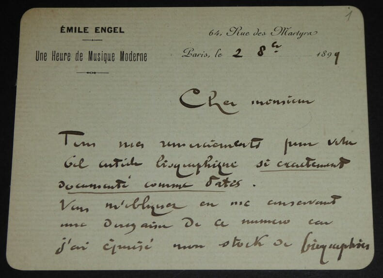 LETTRE AUTOGRAPHE SIGN&Eacute;E, UNE HEURE DE MUSIQUE MODERNE, PARIS, 1899. Emile ENGEL