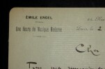 LETTRE AUTOGRAPHE SIGN&Eacute;E, UNE HEURE DE MUSIQUE MODERNE, PARIS, 1899. Emile ENGEL