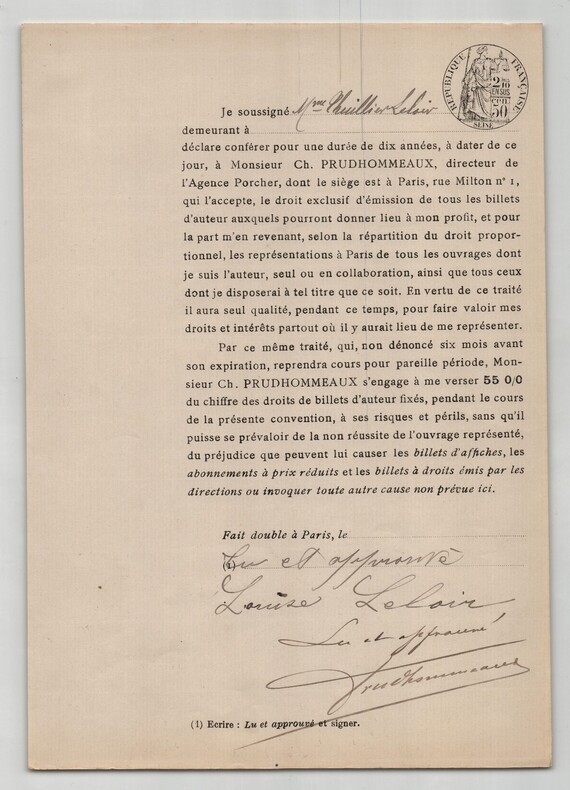 Pouvoir sign&eacute; par Louise Thuillier-Leloir - Collection de 25 auteurs & musiciens. Louise Thuillier-Leloir