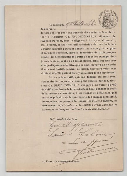 Pouvoir sign&eacute; par Louise Thuillier-Leloir - Collection de 25 auteurs & musiciens. Louise Thuillier-Leloir