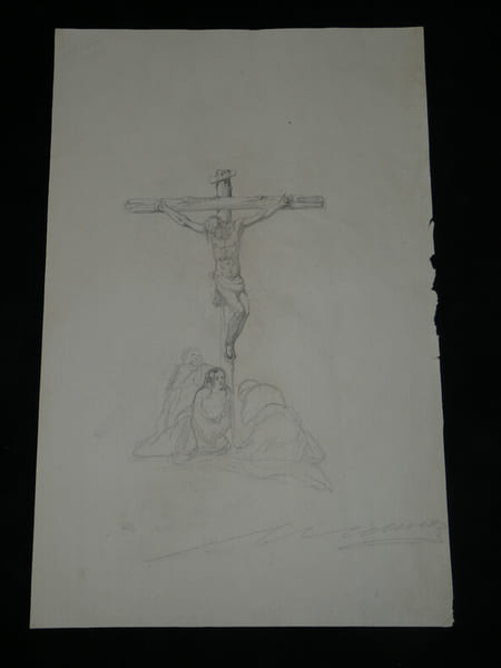 Esquisse spirituelle au crayon sign&eacute;e : La Crucifixion de J&eacute;sus, XIX &egrave;me. Anonyme