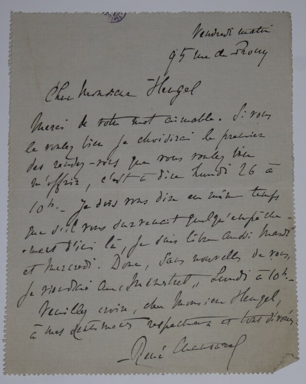 CHANSAREL Ren&eacute; - CARTE LETTRE AUTOGRAPHE SIGNEE &Agrave; Henri HEUGEL, PARIS 1905. Ren&eacute; Chansarel