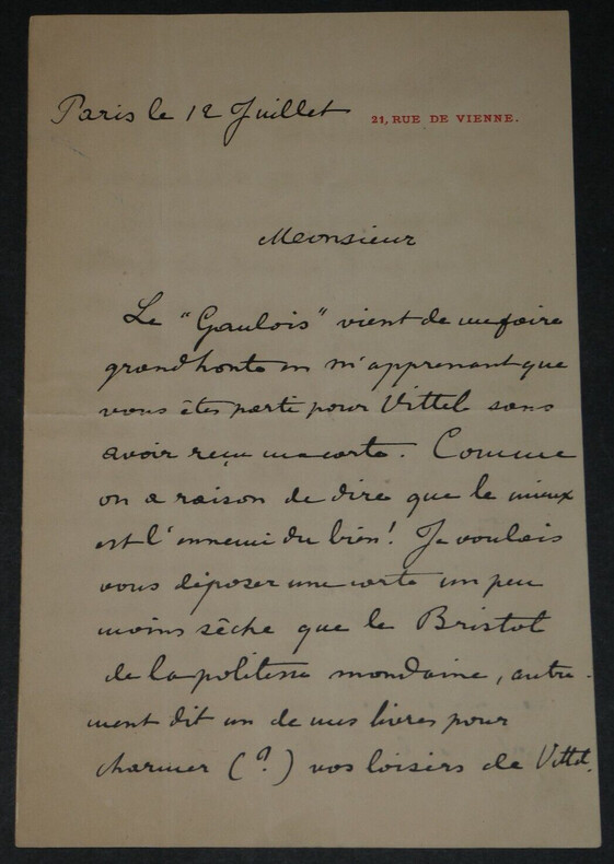 L&eacute;on de TINSEAU - LETTRE AUTOGRAPHE SIGN&Eacute;E "un souvenir plus durable". L&eacute;on de TINSEAU
