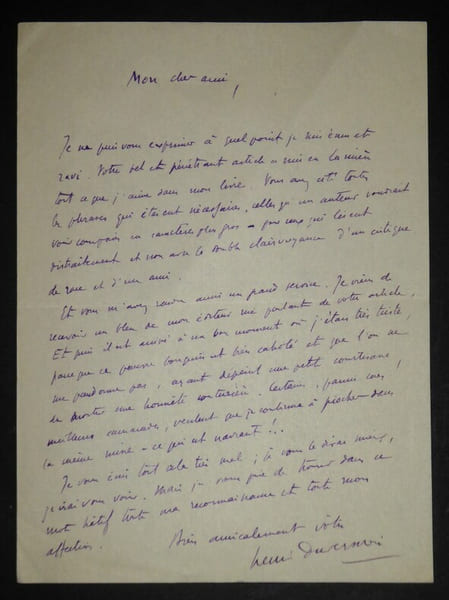 LETTRE AUTOGRAPHE SIGN&Eacute;E, &Agrave; PROPOS DE SON DERNIER LIVRE. Henri Duvernois