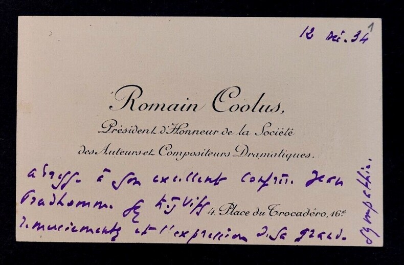 Romain COOLUS, Romancier - Carte de visite autographe &agrave; Jean PRUDHOMME, 1934. Romain COOLUS