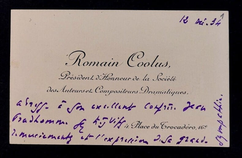 Romain COOLUS, Romancier - Carte de visite autographe &agrave; Jean PRUDHOMME, 1934. Romain COOLUS