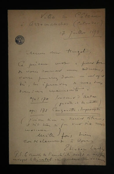 LACK Th&eacute;odore - LETTRE AUTOGRAPHE SIGNEE &Agrave; Henri HEUGEL, CALVADOS, 1893. Th&eacute;odore Lack