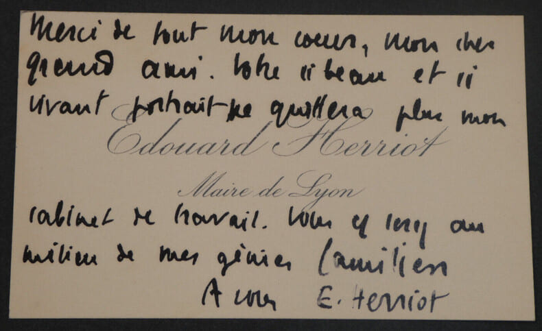 &Eacute;douard HERRIOT, Homme d'Etat - CARTE VISITE AUTOGRAPHE SIGN&Eacute;E DE REMERCIEMENTS. &Eacute;douard HERRIOT
