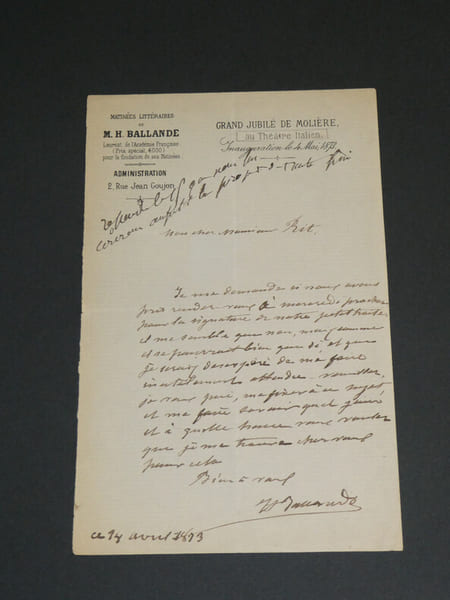 Jean Auguste Hilarion BALLANDE, Lettre autographe sign&eacute;e, autour de Moli&egrave;re, 1873. Jean-Auguste-Hilarion BALLANDE