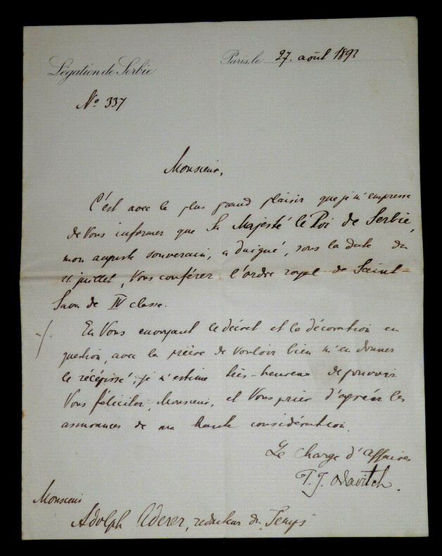 LETTRE AUTOGRAPHE SIGN&Eacute;E &Agrave; ADERER Adolphe DE T.J.ALAVITCH, Paris, 1893. T.J. ALAVITCH