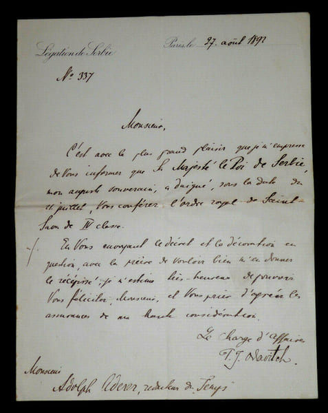 LETTRE AUTOGRAPHE SIGN&Eacute;E &Agrave; ADERER Adolphe DE T.J.ALAVITCH, Paris, 1893. T.J. ALAVITCH