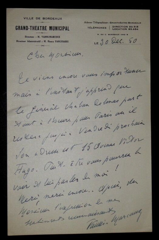VANNY MARCOUX Giovanni LETTRE AUTOGRAPHE SIGN&Eacute;E, GRAND TH&Eacute;&Acirc;TRE BORDEAUX 1950. Giovanni Vanni MARCOUX