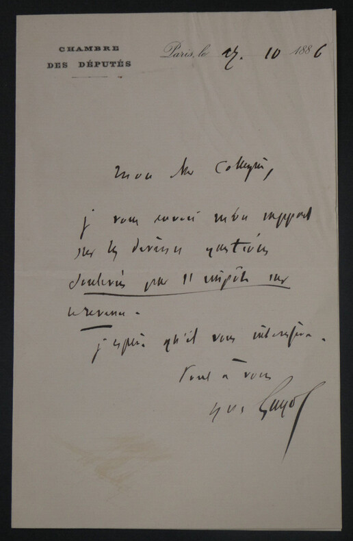 Yves GUYOT - Lettre autographe sign&eacute;e sur l'imp&ocirc;t sur le revenu, 1886, Paris. Yves GUYOT