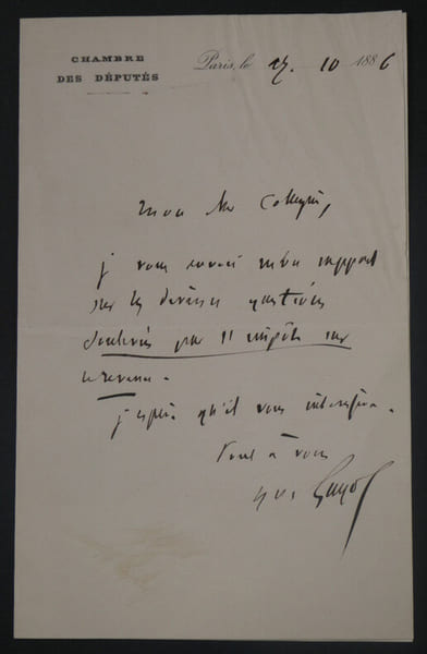 Yves GUYOT - Lettre autographe sign&eacute;e sur l'imp&ocirc;t sur le revenu, 1886, Paris. Yves GUYOT