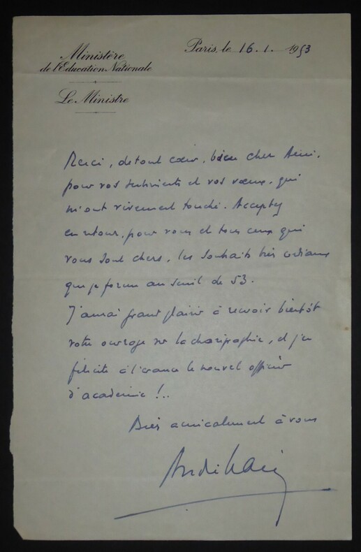 MARIE Andr&eacute;- LETTRE AUTOGRAPHE SIGN&Eacute;E, MINIST&Egrave;RE EDUCATION NATIONALE, PARIS 1953. Andr&eacute; Marie