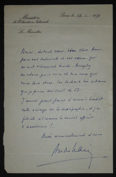 MARIE Andr&eacute;- LETTRE AUTOGRAPHE SIGN&Eacute;E, MINIST&Egrave;RE EDUCATION NATIONALE, PARIS 1953. Andr&eacute; Marie