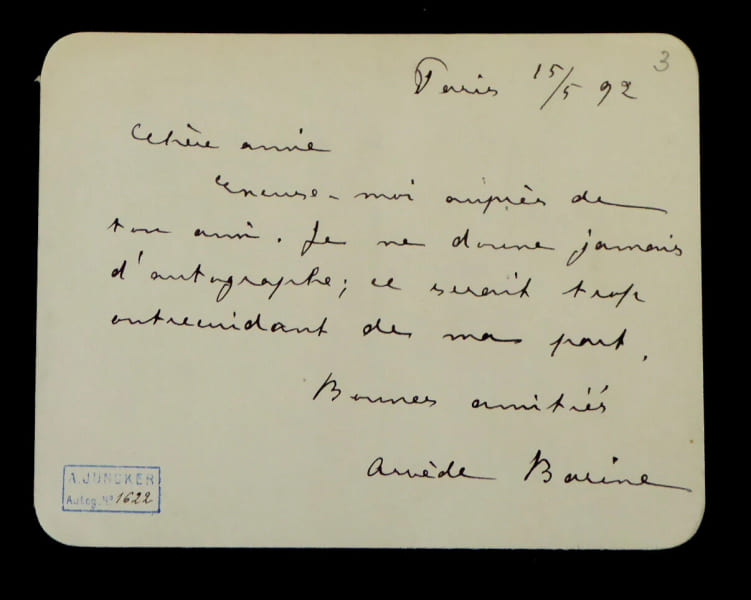 BARINE Arv&egrave;de - CARTE LETTRE AUTOGRAPHE SIGN&Eacute;E, PARIS, 1892. Arv&egrave;de Barine