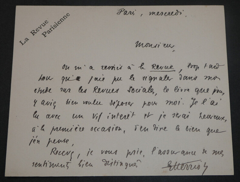 &Eacute;douard HERRIOT, Homme d'Etat - LETTRE AUTOGRAPHE SIGN&Eacute;E LA REVUE PARISIENNE. &Eacute;douard HERRIOT