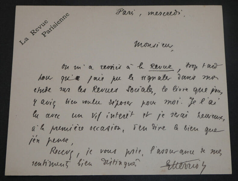 &Eacute;douard HERRIOT, Homme d'Etat - LETTRE AUTOGRAPHE SIGN&Eacute;E LA REVUE PARISIENNE. &Eacute;douard HERRIOT