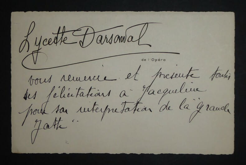 DARSONVAL Lycette - LETTRE AUTOGRAPHE SIGN&Eacute;E, OP&Eacute;RA DE PARIS, DANSE CLASSIQUE. Lycette Darsonval