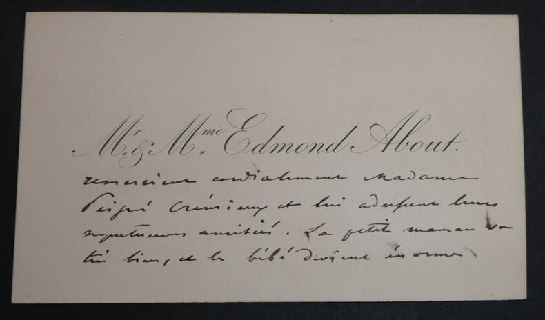 M et Mme Edmond ABOUT, Ecrivain - CARTE DE VISITE AUTOGRAPHE &agrave; Mme CREMIEUX. Edmond ABOUT